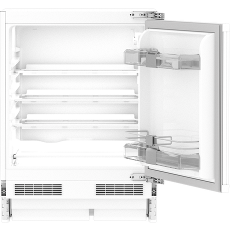 Integrated under counter larder fridge in white, featuring a spacious interior with multiple shelves and transparent storage bins, designed for seamless kitchen integration.