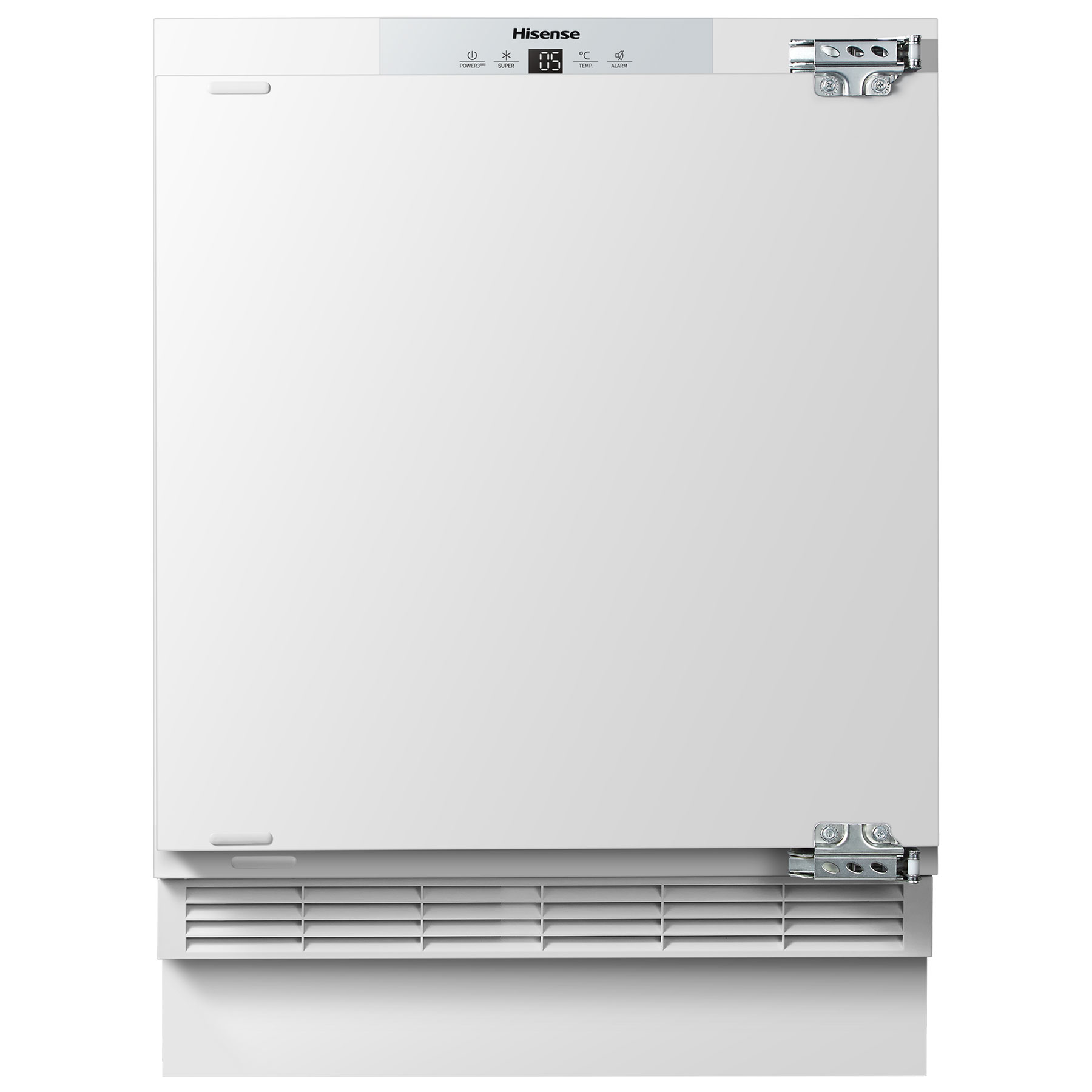 White integrated undercounter larder fridge with a sleek design, featuring a smooth front panel, top controls, and a ventilation grill at the bottom.