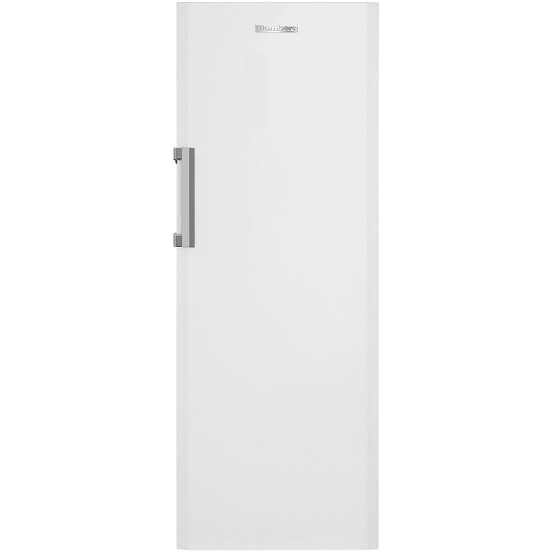 Freestanding upright freezer in white with a sleek design, featuring a stainless steel handle and a frost-free interior for convenient storage.