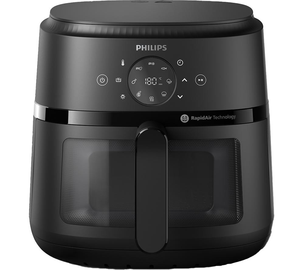 Philips Unisex 2000 Series Air Fryer in sleek black, featuring a digital control panel with buttons and a display, and a transparent window for easy monitoring of cooking.