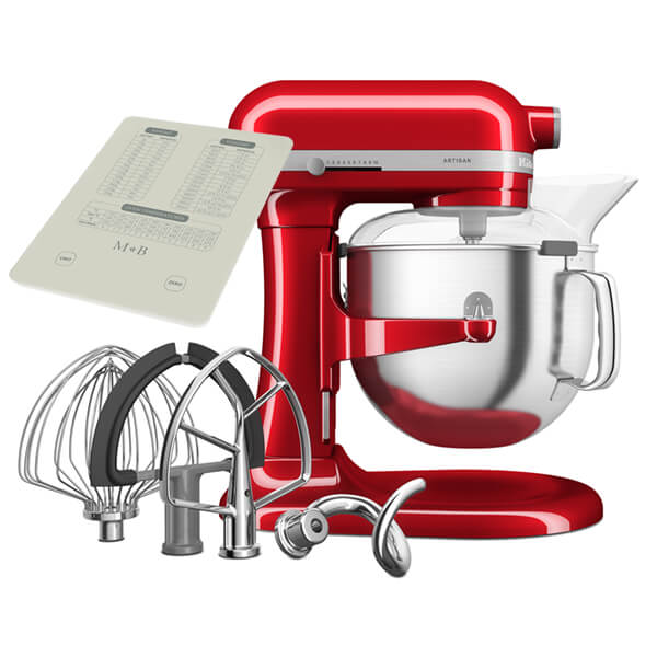 Bright red KitchenAid 5KSM70SHXBCA Bowl-Lift Stand Mixer with a 6.6L stainless steel bowl, featuring multiple attachments including a whisk, dough hook, and pouring shield.
