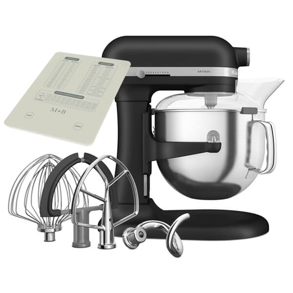 KitchenAid 5KSM70SHXBBK bowl-lift stand mixer in cast iron black, featuring a 6.6L stainless steel bowl, metal attachments, and a clear pouring shield.