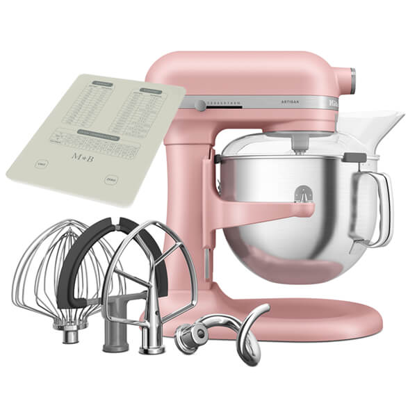 KitchenAid 5KSM70SHXBDR Bowl-Lift Stand Mixer in Dried Rose pink, featuring a stainless steel 6.6L bowl, multiple attachments, and a sleek design.