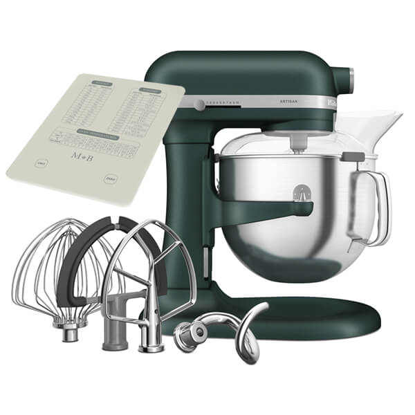 6.6L KitchenAid ARTISAN Bowl Lift Mixer in Pebbled Palm green with stainless steel bowl, multiple attachments, and a clear pouring shield.