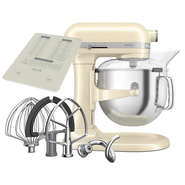 KitchenAid 5KSM70SHXBAC Bowl-Lift Stand Mixer in almond cream color, featuring a stainless steel bowl, multiple attachments, and a clear pouring shield.
