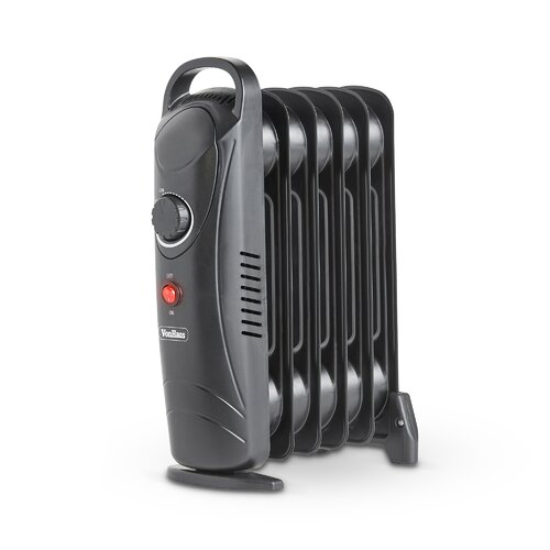 Black 6-fin oil-filled radiator heater by VonHaus, featuring a temperature control dial, power indicator light, and a compact design suitable for efficient heating.