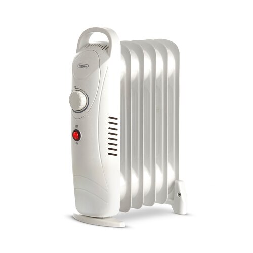 White oil-filled radiator with five fins, a control knob, and a red indicator light, featuring a sleek design and sturdy base for stability.