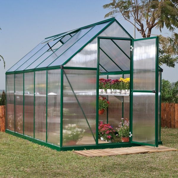 Large green greenhouse with a polycarbonate structure, featuring a double door, slanted roof, and shelves with potted plants, set on a grassy area.