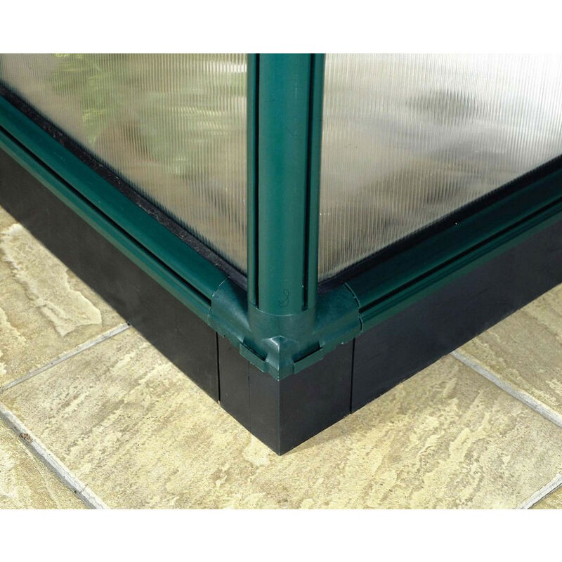Green greenhouse with a sturdy green frame, clear polycarbonate panels, and a black base, designed for gardening and plant growth, measuring 6' x 14'.