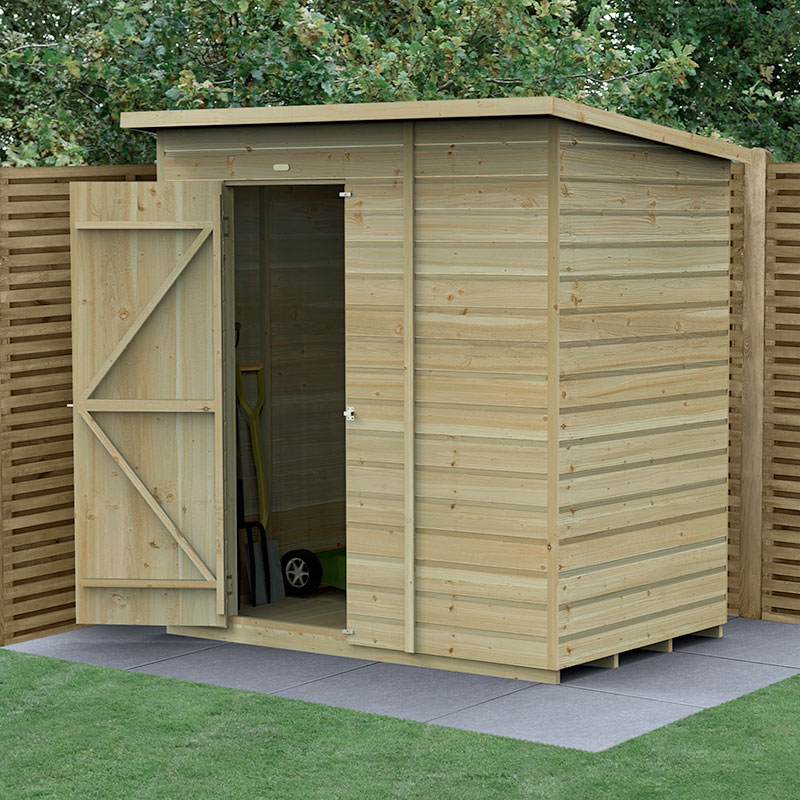 A wooden pent shed with a natural wood finish, featuring shiplap cladding, an open door, and a sturdy design, set against a green backdrop and paved flooring.