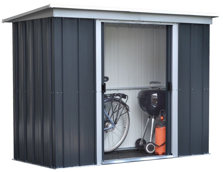 Anthracite-colored metal shed with a pent roof, featuring double sliding doors, and interior space for a bicycle, grill, and garden tools. Dimensions are 6' x 4'.