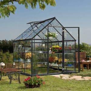 Grey polycarbonate greenhouse measuring 6' x 6', featuring a sloped roof, glass panels, double doors, and surrounded by potted plants and outdoor furniture.