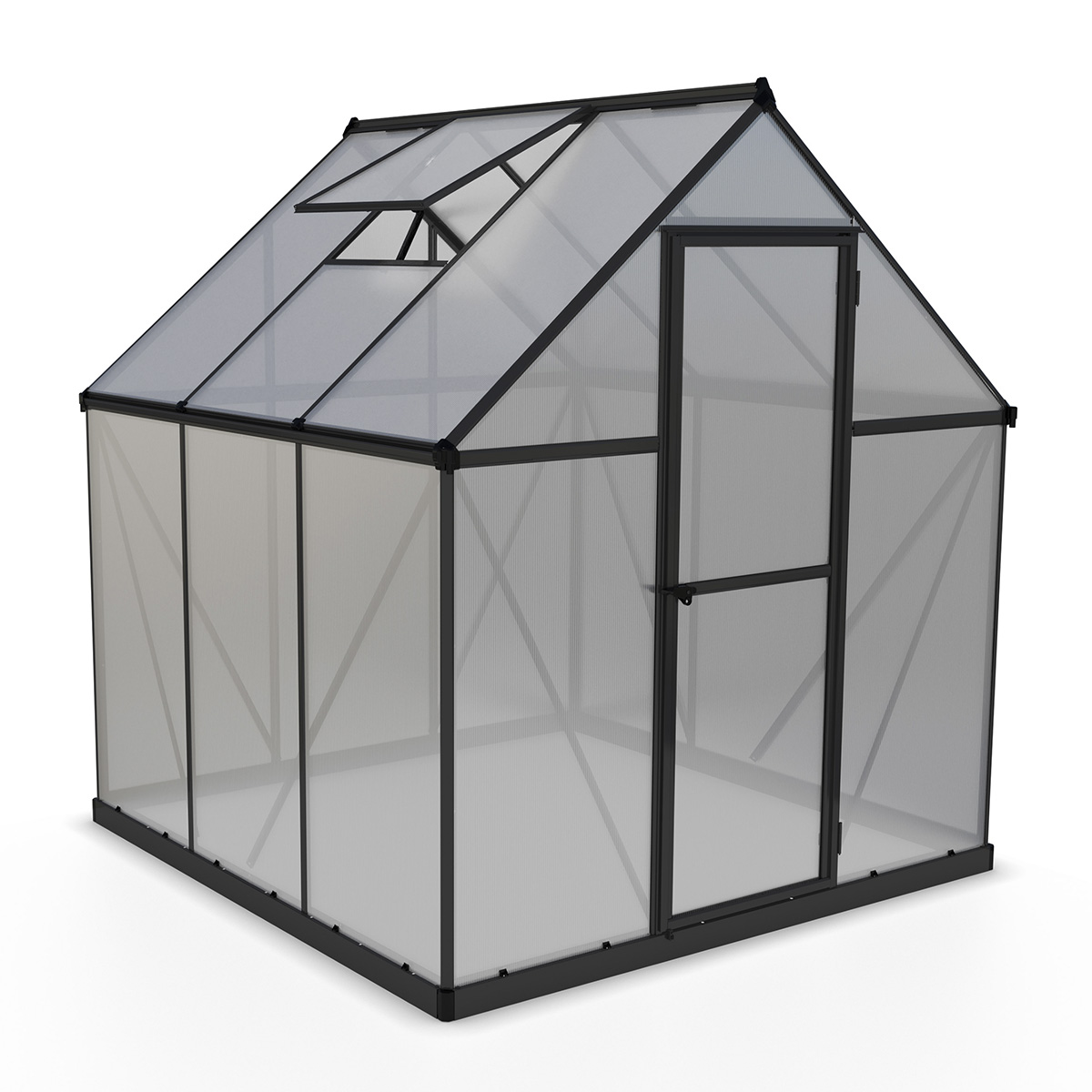 A 6' x 6' grey greenhouse with a sloped roof, transparent polycarbonate panels, black aluminum frame, and a door, featuring a top vent for ventilation.