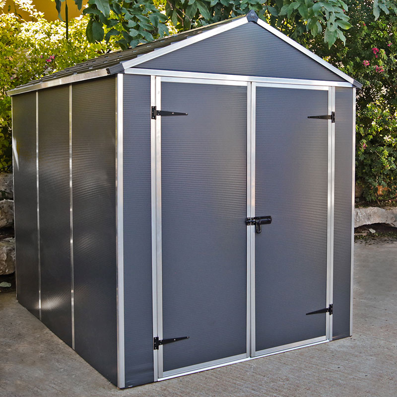Dark grey multi-wall plastic shed with a peaked roof, double doors, and aluminum frame, measuring 6' x 8', includes a free shelf for storage.