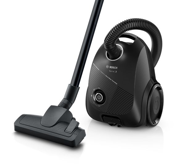 Black Bosch BGBS2BA1GB Serie-2 ProEco 600W bagged cylinder vacuum cleaner with a sleek design, featuring a flexible hose and a large floor nozzle.