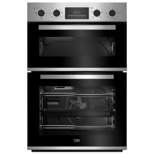 Stainless steel built-in double oven with a sleek black glass front, featuring digital display, control knobs, and two spacious cooking compartments.