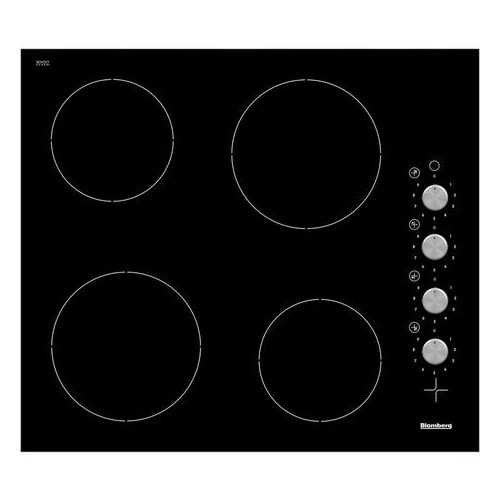 Black 60cm ceramic hob with four circular cooking zones and stainless steel control knobs on the right side.