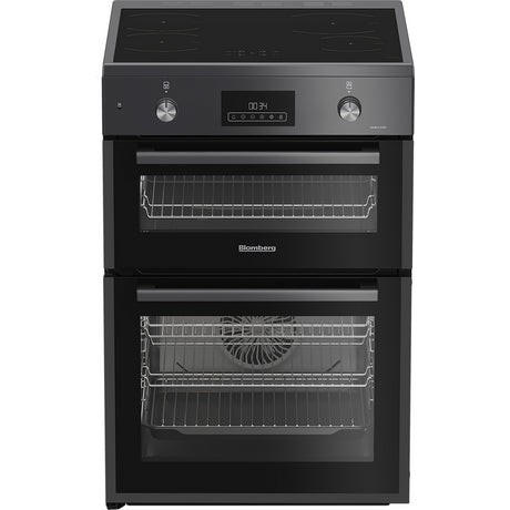 60cm double oven electric cooker with induction hob, featuring a sleek anthracite finish, two glass-fronted ovens, and control knobs on the top panel.