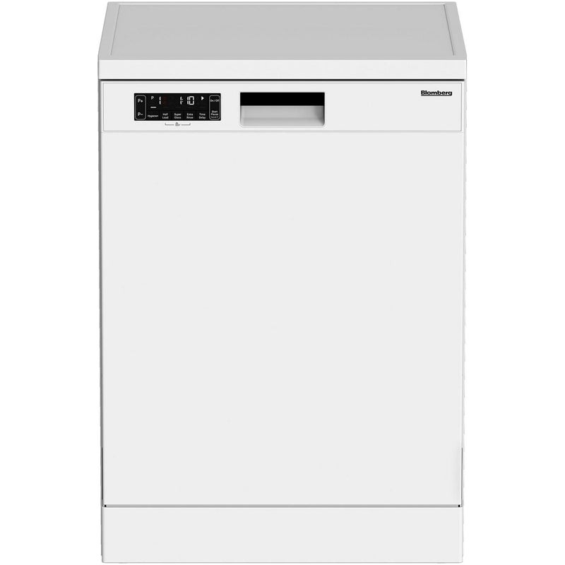 Blomberg LDF52320W full-size dishwasher in white, featuring a sleek design, control panel with buttons and display, and capacity for 15 place settings.