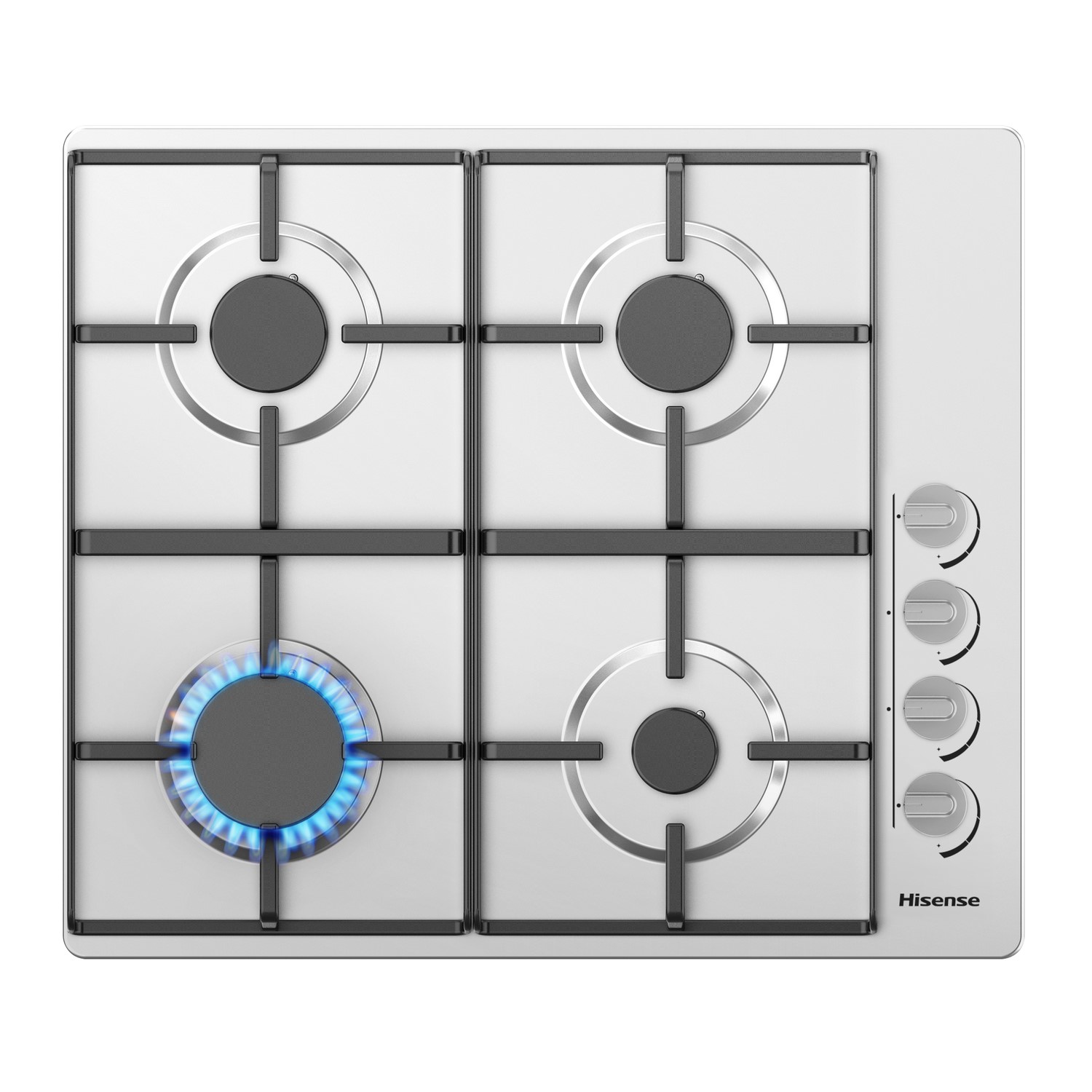 Hisense GM642XHS 60cm stainless steel gas hob featuring four burners, including one with a blue flame, and four control knobs on the right side.