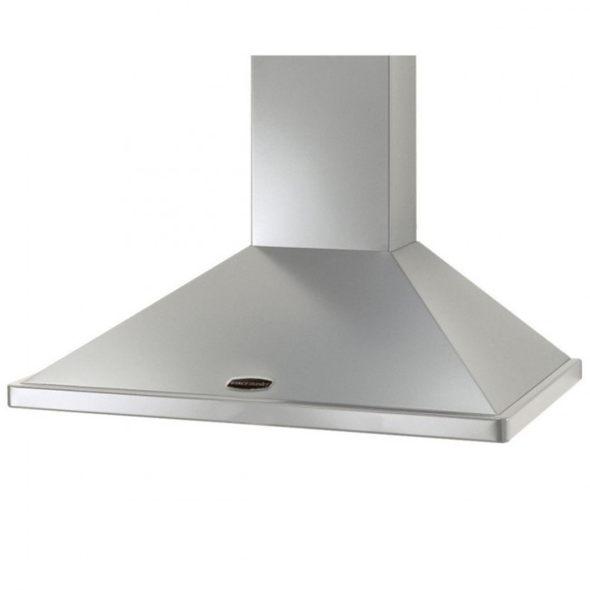 Stainless steel Rangemaster hood with a sleek, angled design, featuring a wide, flat base and a vertical chimney, designed for efficient kitchen ventilation.