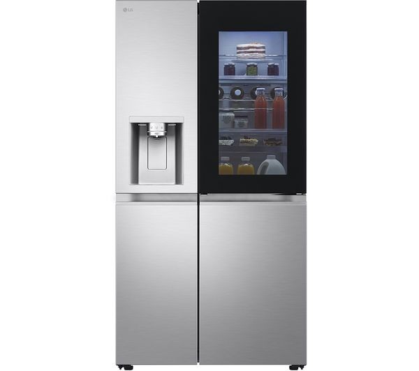 Brushed steel LG InstaView side-by-side fridge freezer with a sleek design, featuring a glass panel for interior visibility and a water dispenser on the front.