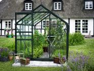Green 6'4" x 10'6" Halls Popular 106 greenhouse with a metal frame, glass panels, and plants inside, set against a traditional cottage backdrop and lush greenery.