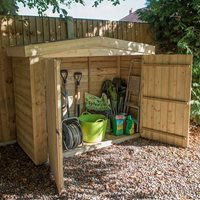 Double door wooden bike storage shed with a large apex roof, featuring natural wood finish, open doors revealing tools, gardening supplies, and ample storage space.