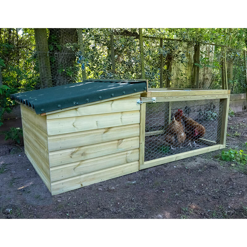 Wooden chicken coop with a sloped green roof, featuring a spacious mesh-run area, made from natural timber, accommodating two brown chickens inside.