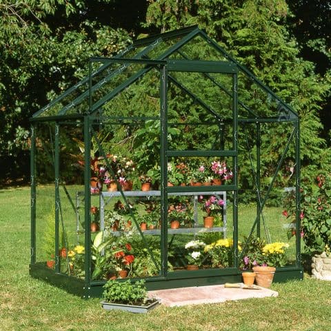 Large 6'x4' Halls greenhouse with a green frame, toughened glass panels, and multiple shelves displaying potted plants and flowers, set in a garden with greenery.