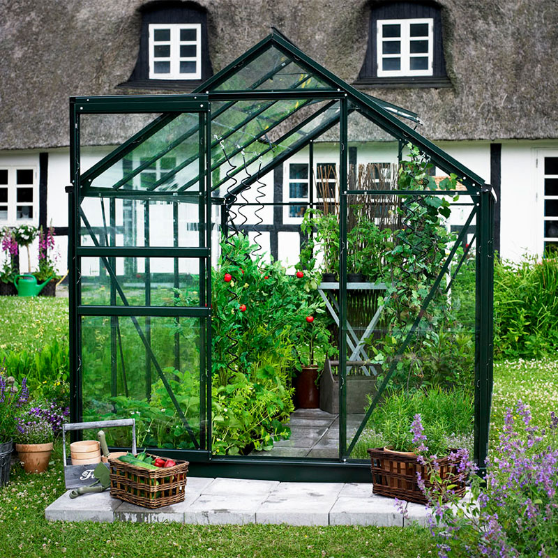 Large 6'x8' Halls greenhouse with a green frame and toughened glass panels, featuring a sloped roof, surrounded by lush plants and baskets in a garden setting.