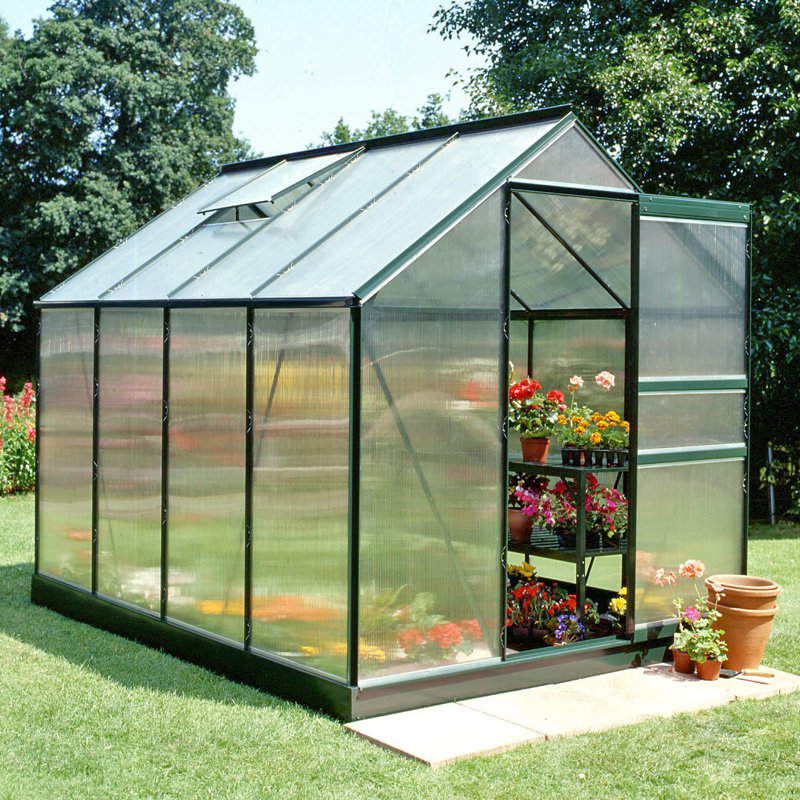 6'x8' Halls greenhouse features a green frame and polycarbonate panels, showcasing vibrant flowers in pots inside, with a sloped roof and side vent for ventilation.