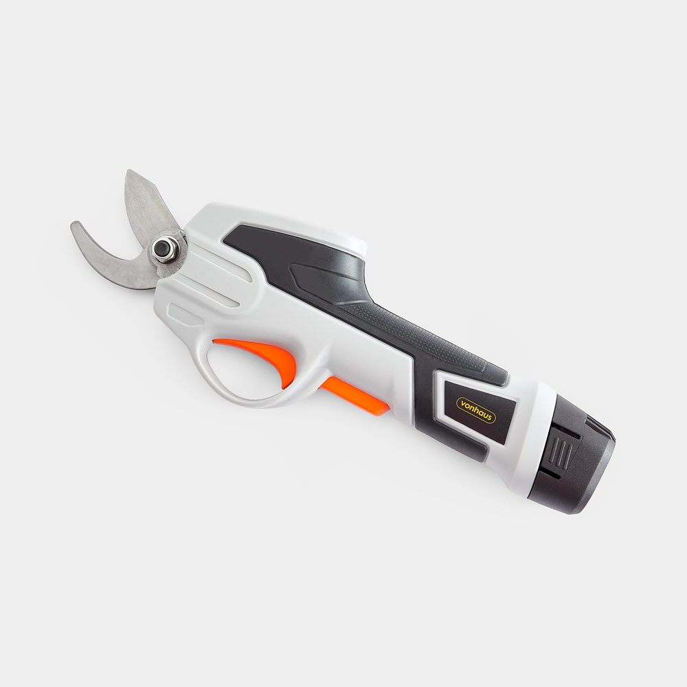 Cordless pruner in grey and orange, featuring a sleek ergonomic design, sharp metal blade, and a comfortable grip, ideal for pruning tasks.