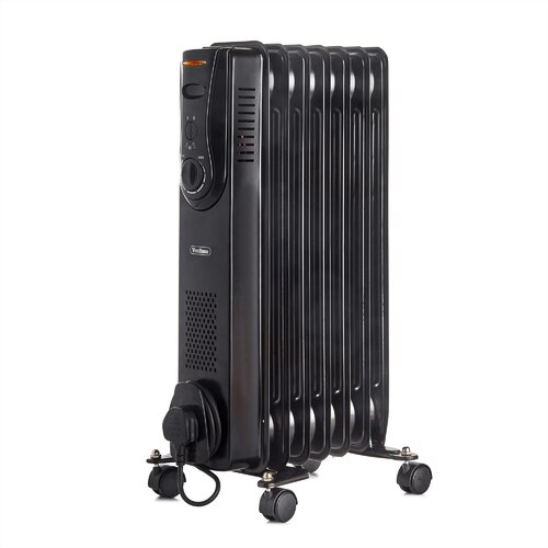 Black 7-fin oil-filled radiator heater with a power output of 1500W, featuring a control panel, adjustable thermostat, and rolling wheels for easy mobility.