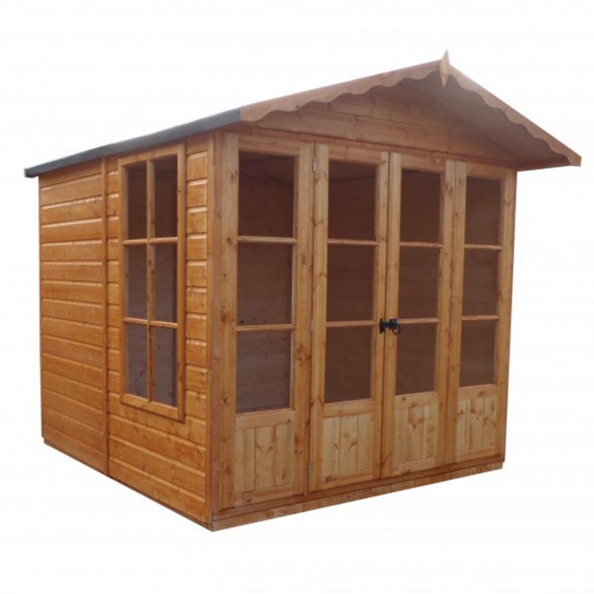 A wooden summer house with a natural finish, featuring large glass-paneled double doors, a sloped roof, and decorative eaves, measuring 7' x 10' (2.1m x 3.3m).