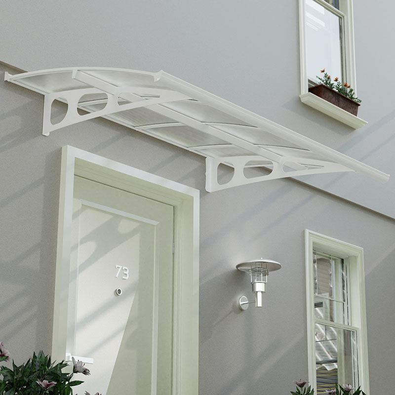 White mist canopy with a sleek design, measuring 7' x 5', featuring a sturdy frame and large door coverage, mounted above a door with decorative plants nearby.