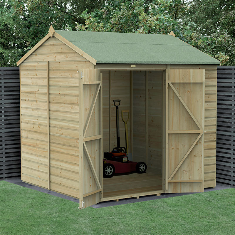 Wooden shed with a reverse apex roof, pressure-treated shiplap walls in natural wood finish, double doors open to reveal interior space, green felt roofing, set in a garden environment.