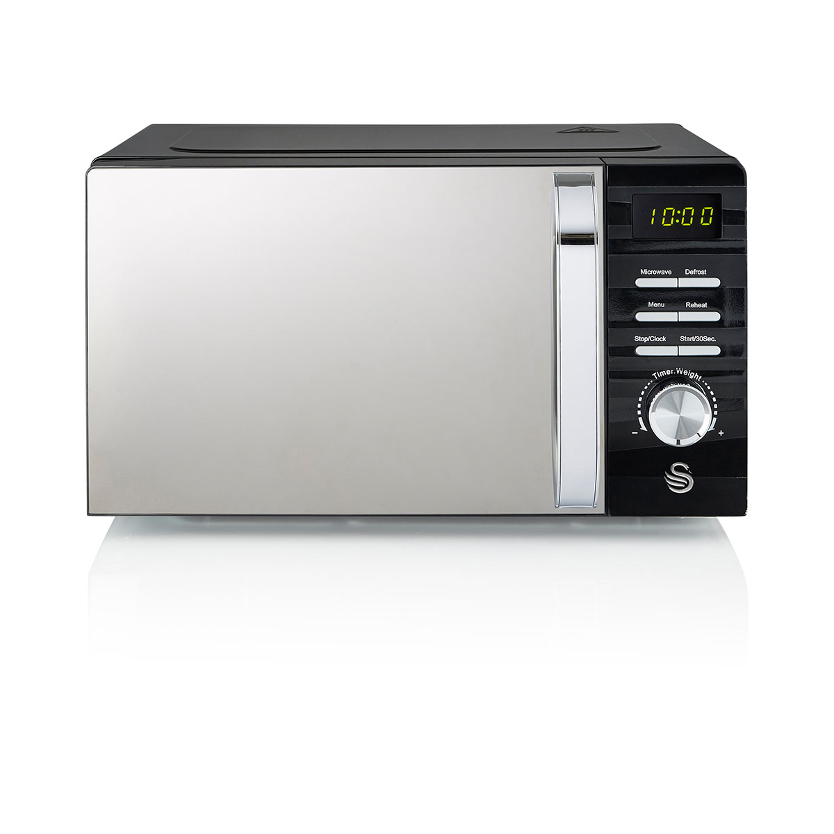 Swan Symphony microwave oven in black with a sleek stainless steel front, LED digital display, 700W power, 20L capacity, and a 60-minute timer.