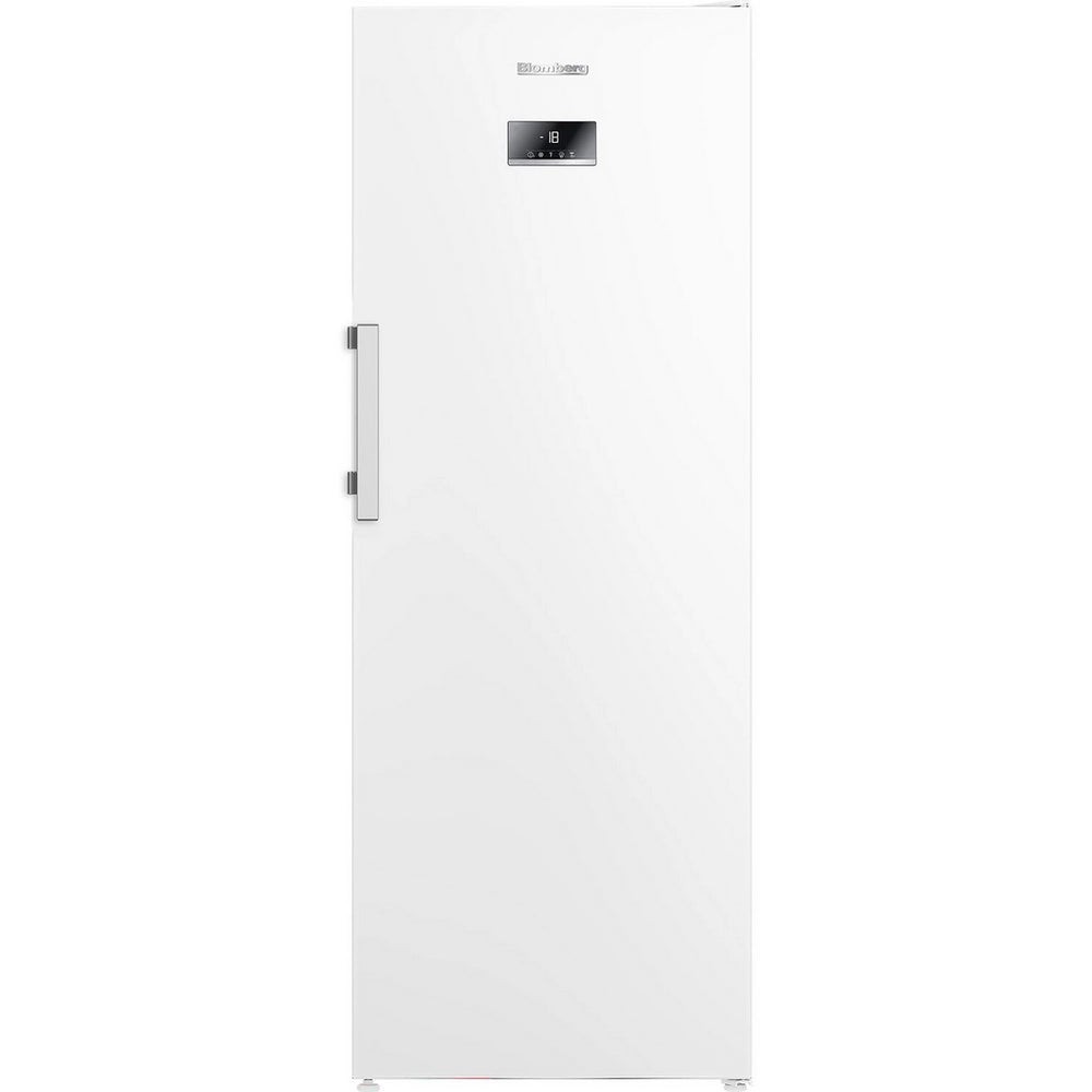 Tall white frost-free freezer with a sleek design, featuring a digital control panel and a stainless steel handle for easy access.