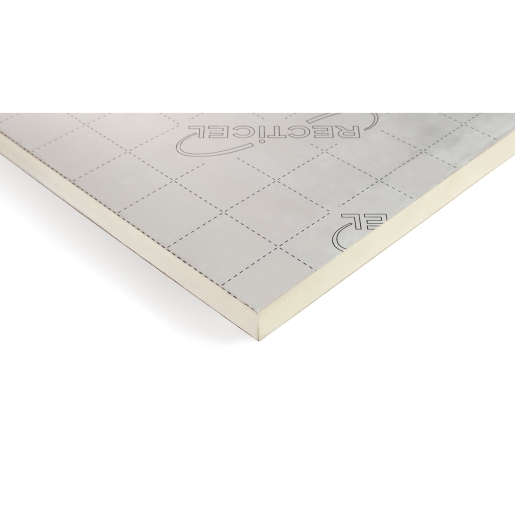 Recticel Eurothane GP insulation board, measuring 70mm x 2400mm x 1200mm, features a smooth, silver foil surface with grid markings and a light-colored foam core.