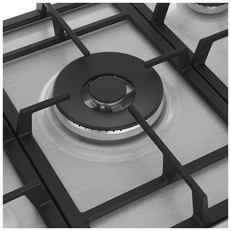 Stainless steel Beko gas hob featuring a sleek design, three black cast iron burners, and a central control knob for easy operation.