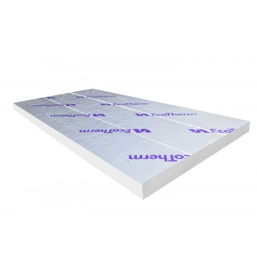 75mm thick EcoTherm Eco-Versal PIR insulation board, measuring 2400mm x 1200mm, features a smooth white surface with purple branding and protective foil on top.