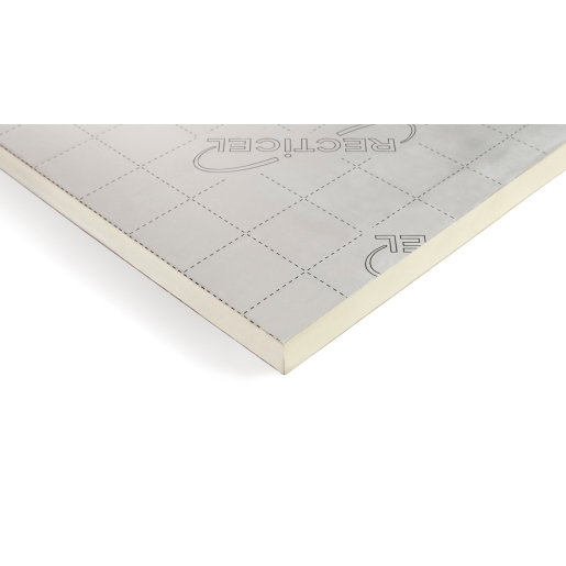 Recticel Eurothane GP insulation board, measuring 75mm x 2400mm x 1200mm, features a smooth, silver foil surface with grid markings and a rigid foam core.