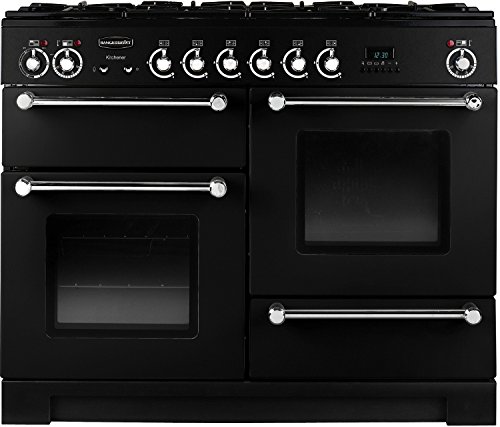 Black Rangemaster KCH110DFFBLC Kitchener 110cm dual fuel range cooker featuring six control knobs, two ovens with glass doors, and stainless steel handles.