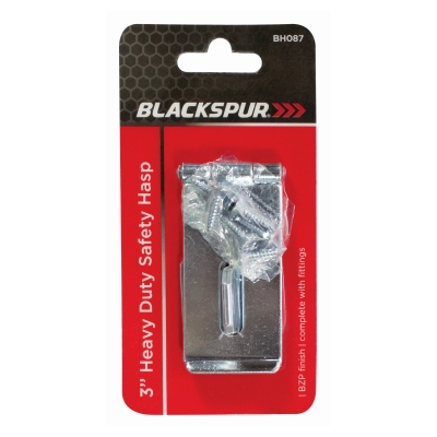 76mm heavy-duty steel safety hasp in a silver finish, packaged with screws, featuring a sturdy design for secure locking.