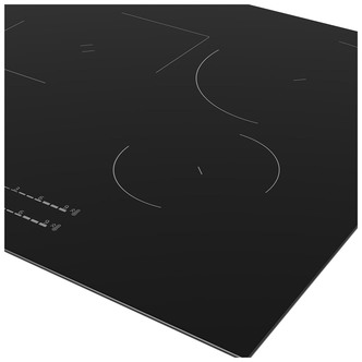 Black ceramic induction hob with three cooking zones, sleek design, and touch controls on the front for easy operation.