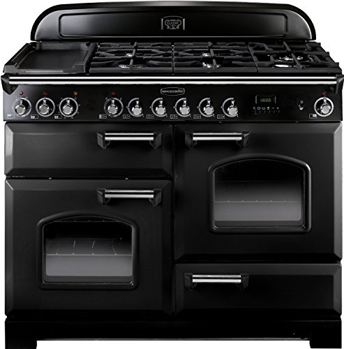 Classic 110cm dual fuel range cooker in black with chrome trim, featuring a five-burner gas hob, two ovens with glass doors, and control knobs for precise cooking.