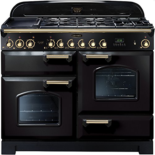 Classic 110cm dual fuel range cooker in black with brass trim, featuring a five-burner gas hob, two ovens, and a griddle, showcasing elegant knobs and a sleek design.