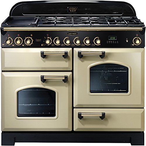 Classic 110cm dual fuel range cooker in cream with brass trim, featuring a black control panel, multiple burners, and two glass-fronted ovens.