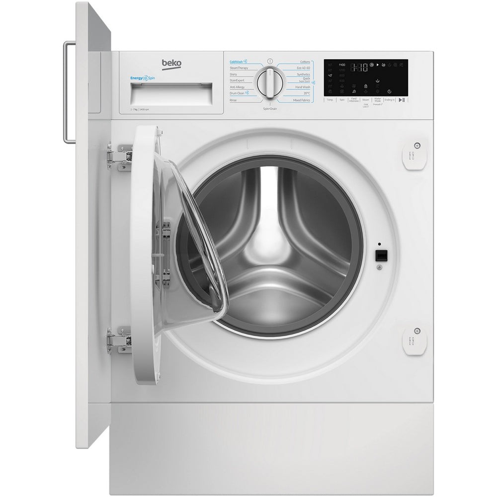White integrated washing machine with a 7kg capacity, 1400 RPM spin speed, front-loading door, and control panel featuring various wash settings and a digital display.